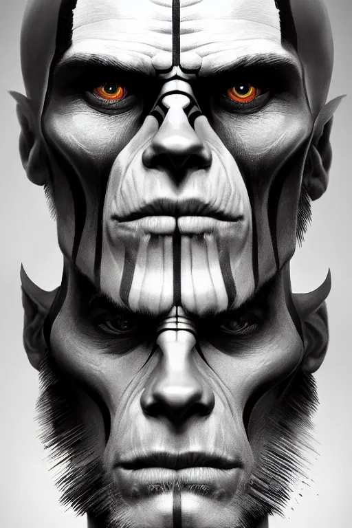 Image similar to symmetry!! portrait of willem dafoe in the style of god of war, machine parts embedded into face, intricate, elegant, highly detailed, digital painting, artstation, concept art, smooth, sharp focus, illustration, art by artgerm and greg rutkowski and alphonse mucha, 8 k