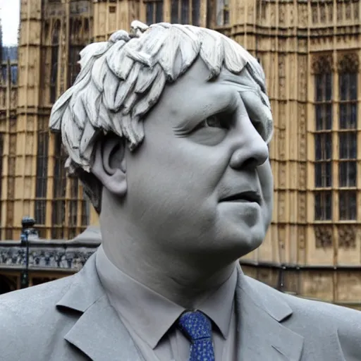 Image similar to a stone sculpture of boris johnson on a plinth outside the houses of parliament, mid distance