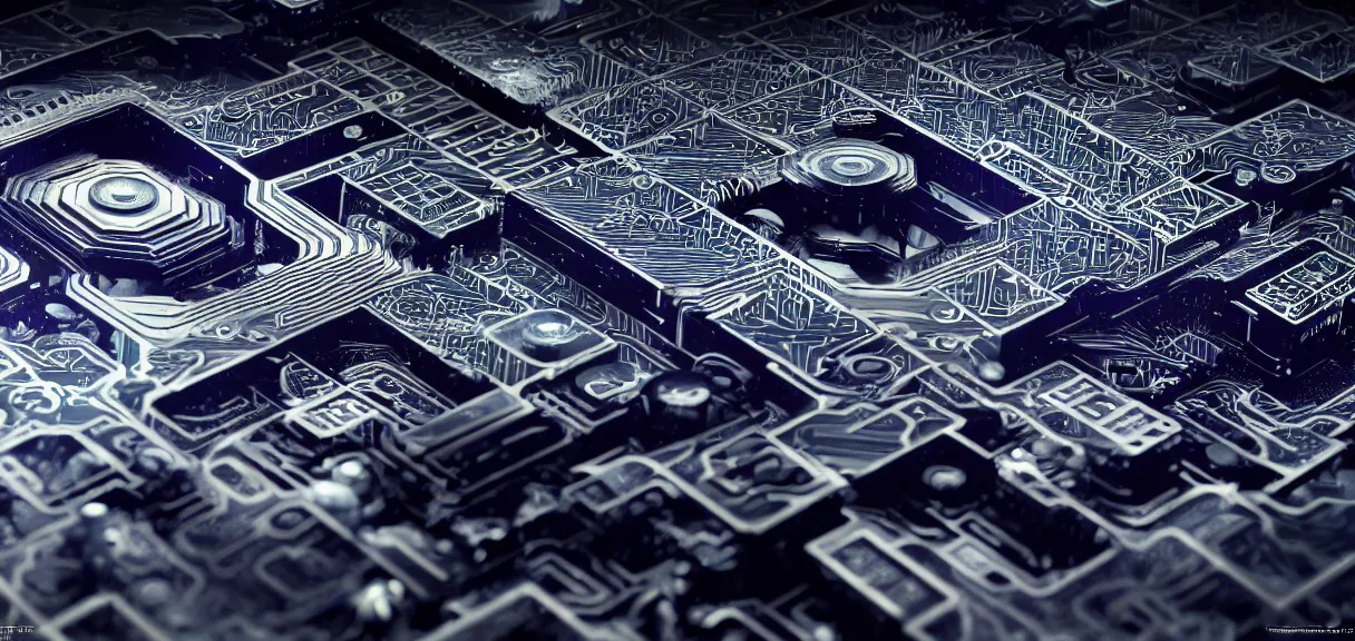 Image similar to fractal motherboard, greg rutkowski, esuthio, craig mullinshyper, scifi, symmetry fractal, octane render, detailed realistic 8 k,