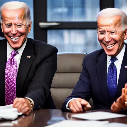 Image similar to stock photo of kim kardashian, and joe biden wearing suits and ties laughing in an office building, 8k resolution, full HD, cinematic lighting, award winning, anatomically correct