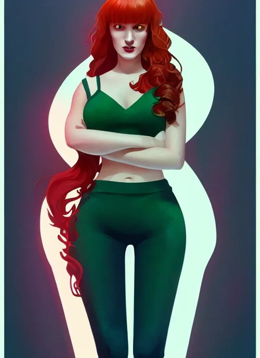 Image similar to full body portrait of teenage cheryl blossom, bangs, green eyes, mischievous expression, red hair, sultry smirk, bangs and wavy hair, intricate, elegant, glowing lights, highly detailed, digital painting, artstation, concept art, smooth, sharp focus, illustration, art by wlop, mars ravelo and greg rutkowski