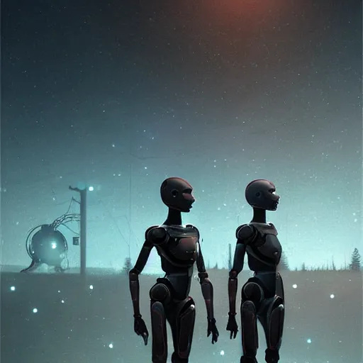 Image similar to Beautiful cinematic scene of two damaged humanoid robots like in Ex Machina (2014) standing near an abandoned gas station, post apocalyptic, at night, peaceful, science fiction, award-winning, cinematic lighting, insanely detailed, very realistic, Artstation, Cgsociety, by Simon Stalenhag, directed by Denis Villeneuve, filmic