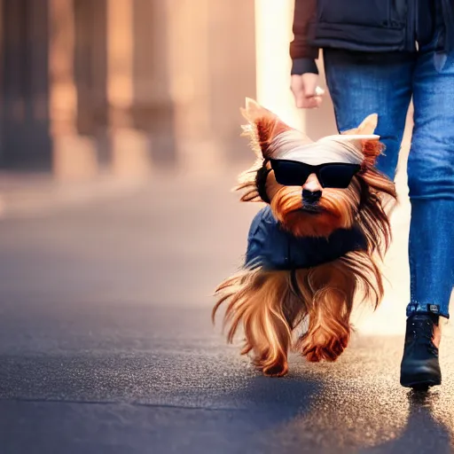 Prompt: Absolutely gorgeous fashionable yorkshire terrier with high end glasses on walking on the street like a total queen, cinematic lighting, high quality 8k hd, oil on canvas, hyperralistic art