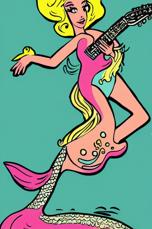 Prompt: illustration of a mermaid playing an stratocaster electric guitar, 1960s cartoon