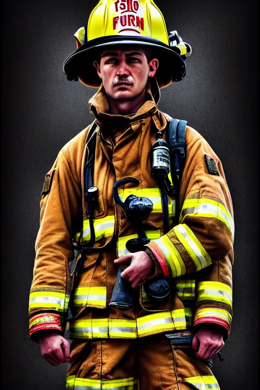 Prompt: firefighter, man, highly detailed, 4 k, hdr, smooth, sharp focus, high resolution, artgerm, photorealistic