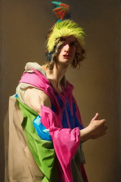 Prompt: a character wearing a diy costume with fluo colored details, muted colors, neoclassicism, hyper real painting