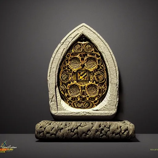 Image similar to interpretation of the legendary and mysterious alchemical Philosophers Stone, 3D printed model, resin, perlite and stone carvings and engravings, highly detailed and intricate, magical symbols, ornate, hyper-realistic, design studio, Zbrush central, 8k resolution, atmospheric lighting, opaque, by 3d artist Frank Guillen and artis Tyler Edlin