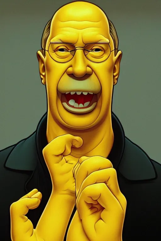 Image similar to vladimir putin as a yellow funny homer simpson, realistic portrait, symmetrical, highly detailed, digital painting, artstation, concept art, smooth, sharp focus, illustration, cinematic lighting, art by artgerm and greg rutkowski and alphonse mucha