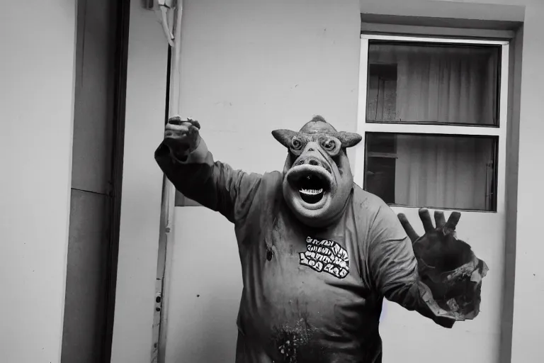 Image similar to crazed demonic pig - faced man in dirty chefs clothes waving into the camera. cctv security camera photograph. 8 k resolution photorealistic