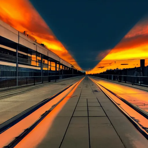 Prompt: a photo of an f - zero city, ground level, sunset, hdr 4 k