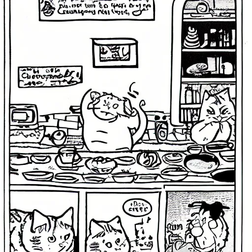 Prompt: fat orange tabby cat next to curly haired man and lasagna on table, by jim davis, garfield comic strip