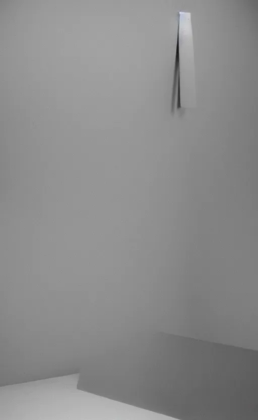 Image similar to a minimalistic filmstill of a readymade object in a museum, empty white room, in the style of Marcel Duchamp