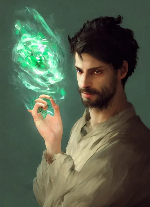 Image similar to character concept portrait of an attractive young clever Spanish wizard with powder-green skin conjuring a nature spell, a floating iridescent spell book in the center, intricate, elegant, digital painting, concept art, smooth, sharp focus, illustration, from Metal Gear, by Ruan Jia and Mandy Jurgens and William-Adolphe Bouguereau, Artgerm