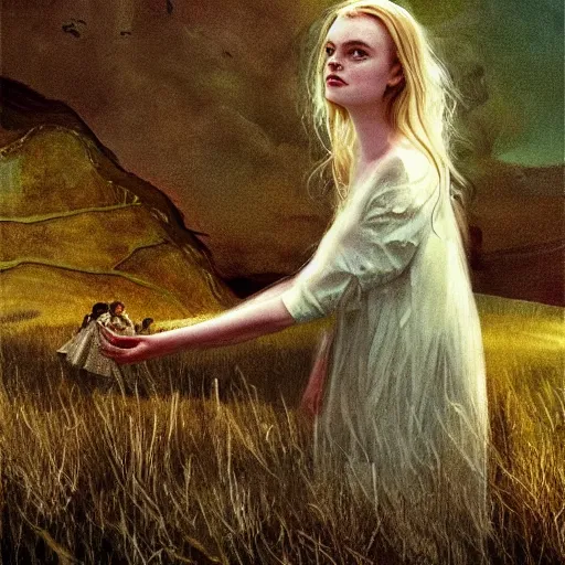 Prompt: Elle Fanning in the painted world of Lovecraft, head and shoulders masterpiece, apocalypse, golden hour, cosmic horror, artstation, in the style of Andrew Wyeth and Edward Hopper and Bosch, extremely detailed