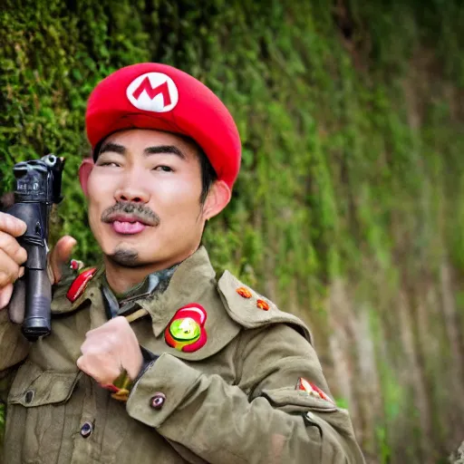 Image similar to super mario as a north vietnamese man, war hero in a trench, violent, sharp focus, hyper realistic, sony 5 0 mm lens