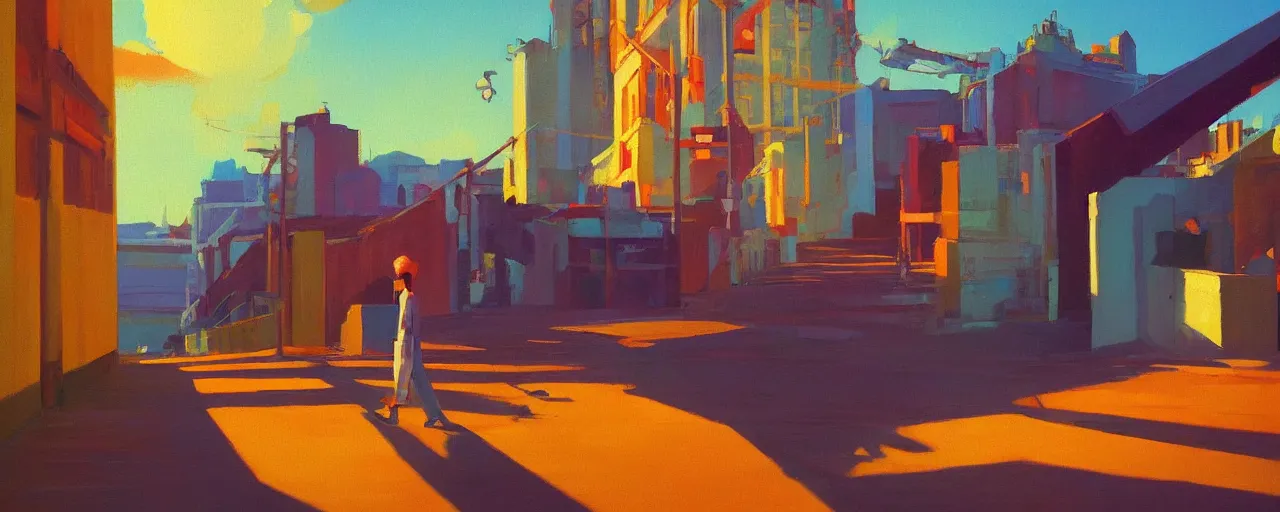 Image similar to A simplistic oilpainting of neo brutralism, a long stairway up, concept art, colorful, vivid colors, sunrise, warm colors, light, strong shadows, reflections, cinematic, 3D, in the style of Akihiko Yoshida and Edward Hopper