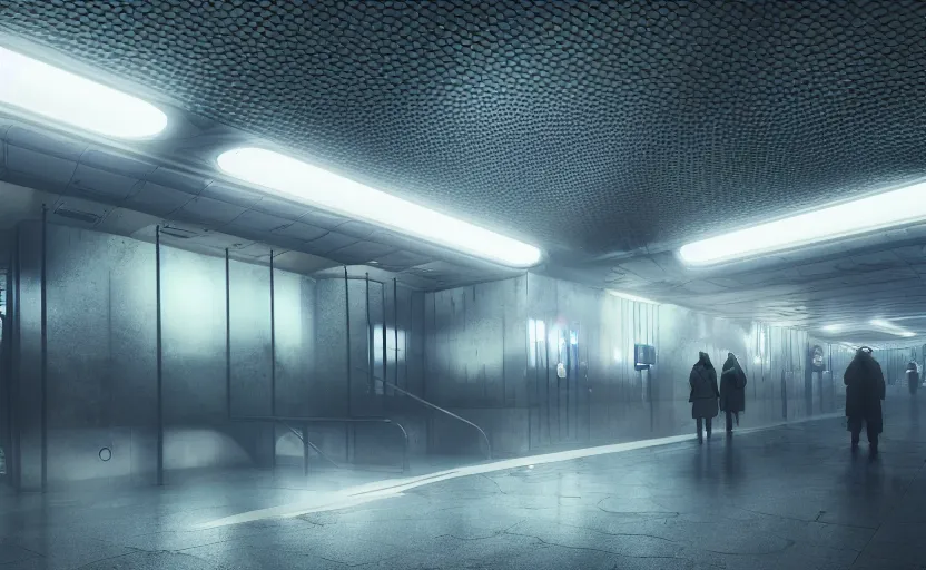 Image similar to Futuristic subway station , gloomy and foggy atmosphere, octane render, artstation trending, horror scene, highly detailded