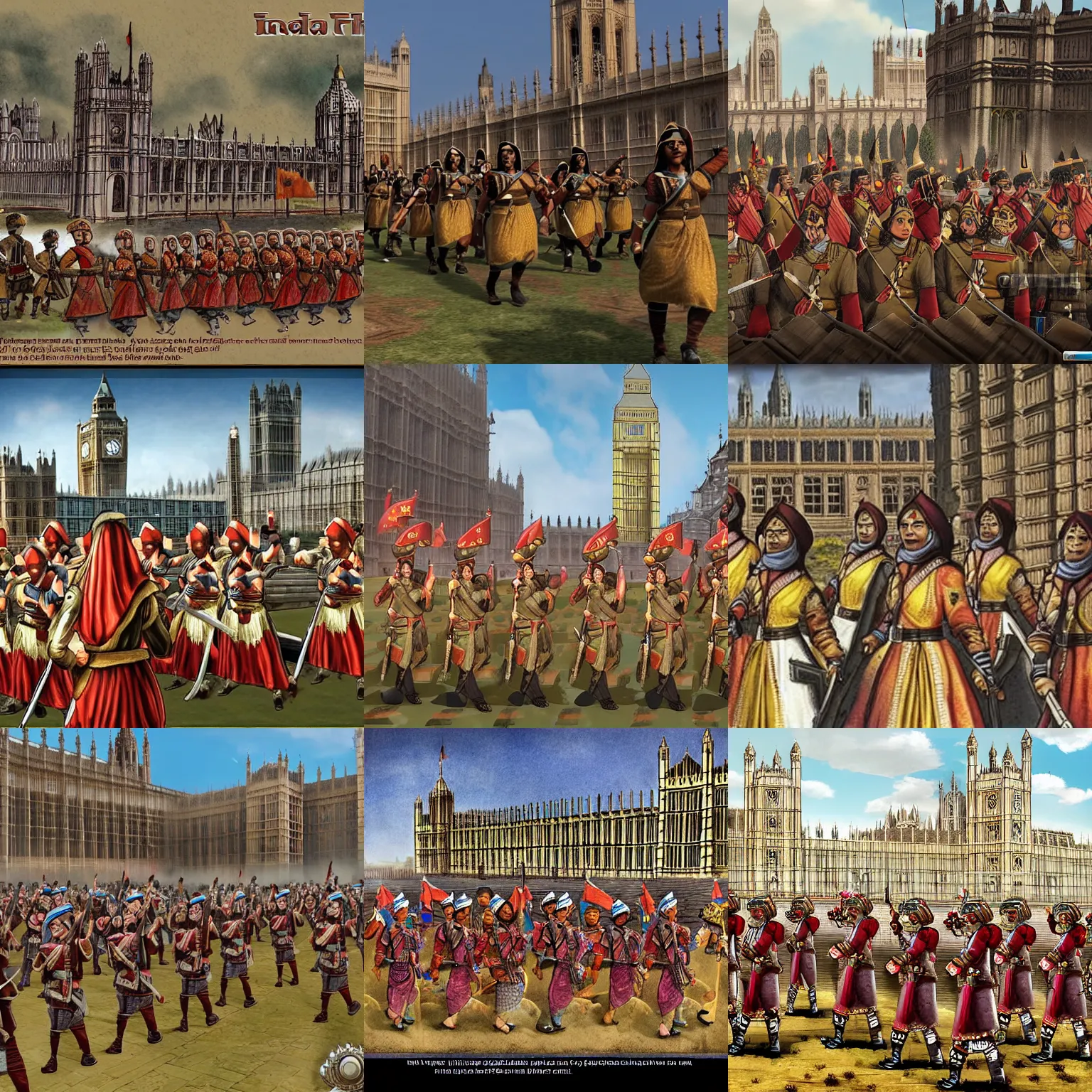 Prompt: Indian female soldiers surround the Houses of Parliament in London, during a siege, 1683, alternate history, loading screen art for the game 'Europa Universalis 4'