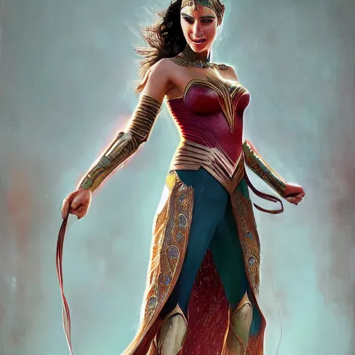 Image similar to Gal Gadot wearing bulgarian embroidery clothes , made by Stanley Artgerm Lau, WLOP, Rossdraws, ArtStation, CGSociety, concept art, cgsociety, octane render, trending on artstation, artstationHD, artstationHQ, unreal engine, 4k, 8k,