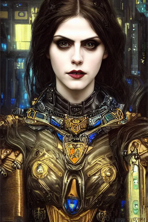 Image similar to portrait of beautiful gothic Alexandra Daddario, cyberpunk, Warhammer, highly detailed, artstation, illustration, art by Gustav Klimt