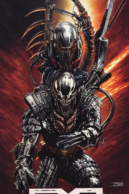 Image similar to poster of the predator with japanese armor and helmet, by yoichi hatakenaka, masamune shirow, josan gonzales and dan mumford, ayami kojima, takato yamamoto, barclay shaw, karol bak, yukito kishiro