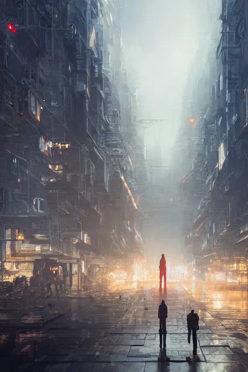 Prompt: a portrait of a small cyborg standing in the middle foreground walking in the street of a great mechanical city by Greg Rutkowski, Sung Choi, Mitchell Mohrhauser, Maciej Kuciara, Johnson Ting, Maxim Verehin, Peter Konig, final fantasy , mythical, 8k photorealistic, cinematic lighting, HD, high details, atmospheric,