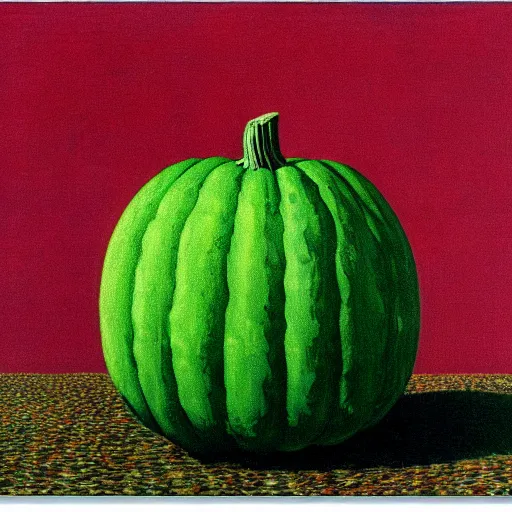 Prompt: a watermelon pumpkin patch by René Magritte