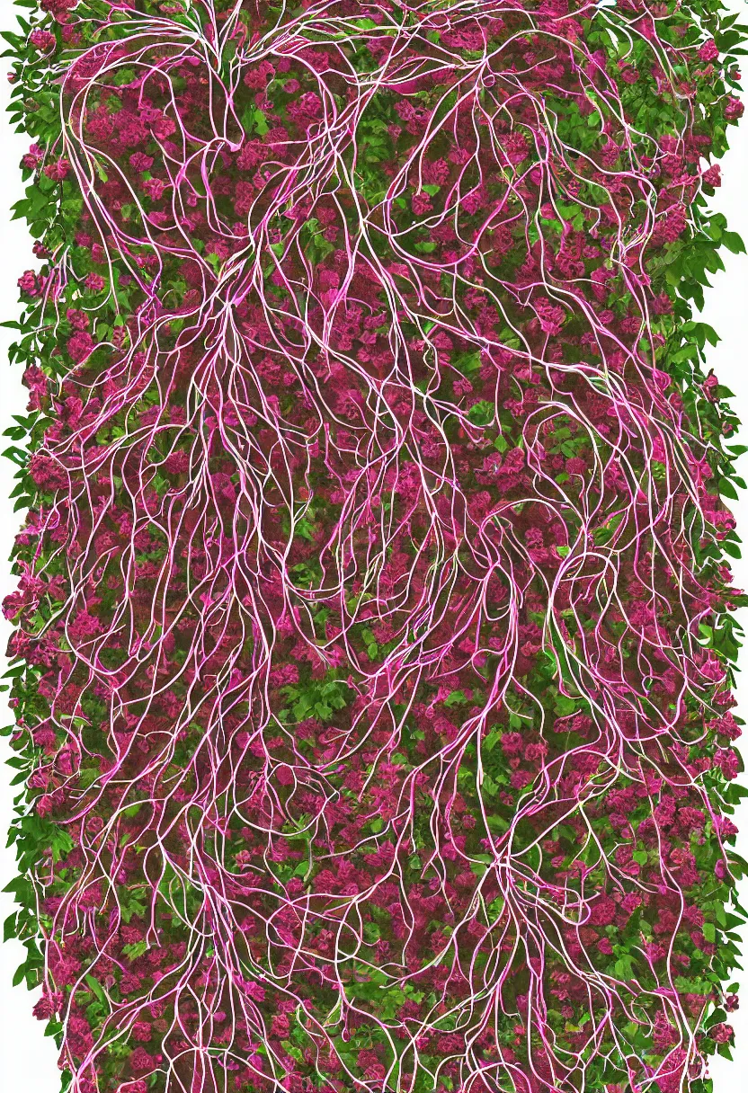 Image similar to human circulatory system, vines and flowers, no duplicate image, heart made of flowers, intricate details, beautiful, human body, tangled, birds, hugging people, heart, face, body, cg, 3 d, crazy