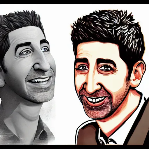 Prompt: digital artwork of ross geller sitting in central perk, in the style of artgerm, detailed face, expressive face,