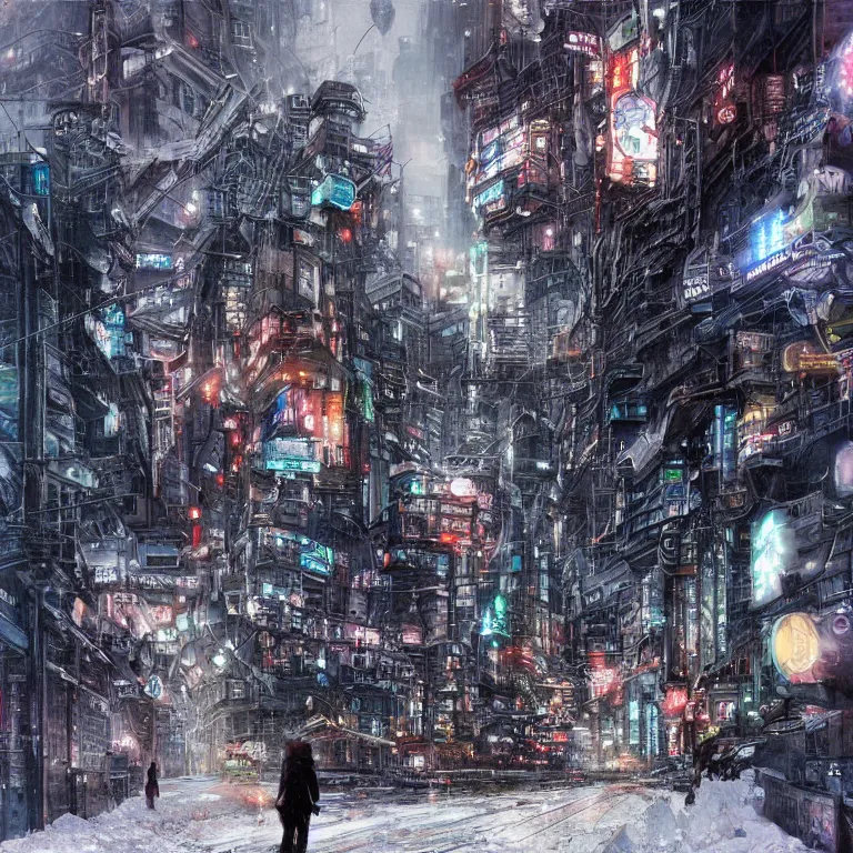Prompt: cyberpunk depiction of the city of gdansk during arctic conditions by yoshitaka amano