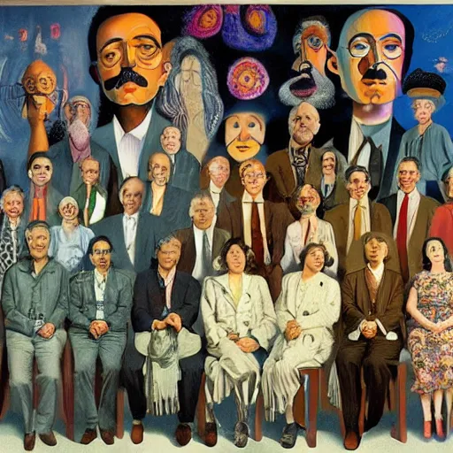 Prompt: a conference of psychedelic men & women scientists / professors / researchers in the style of salvador dali