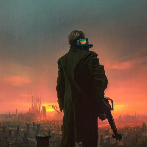 Image similar to wanderer with night vision goggles, dramatic light, sunset, sunrays, cyberpunk city in the background, ruins, buildings, dystoptian, gorgeous view, depth, painted by Caspar David Friedrich, clouds, tending on artstation