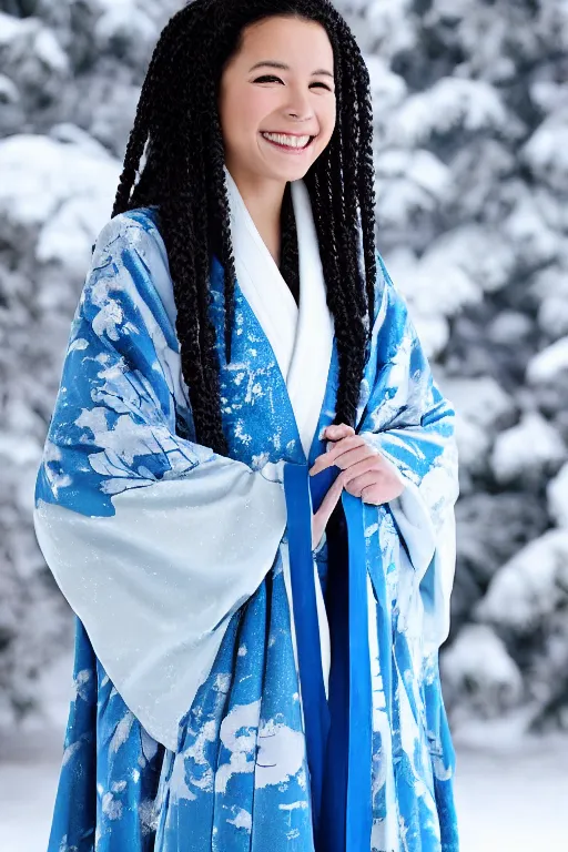 Prompt: full-length photo of real life Katara from Avatar, smiling, looking at camera in snowy winter, wearing kimono