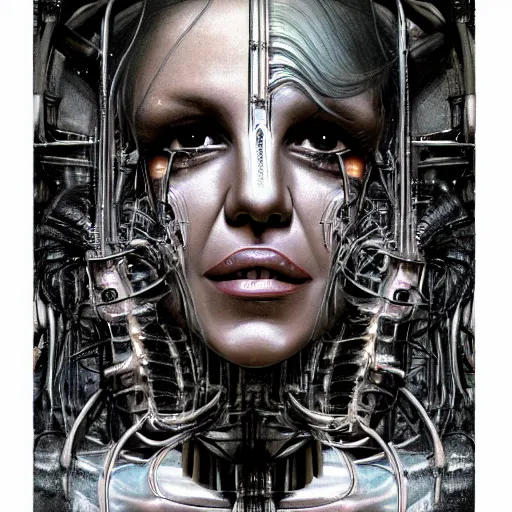 Prompt: britney spears encased in biomechanical machine, heavy conduits, complex scene, rich composition, heavy in detail, corruption, decay, grime, smooth, sharp focus, airbrush, illustration, symmetrical, portrait, art by h. r. giger