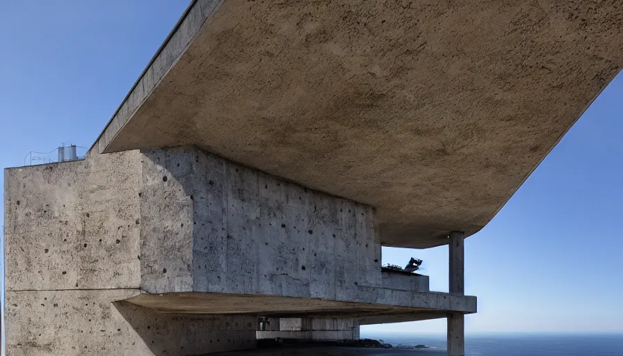 Prompt: military brutalist base perched on a cliff overlooking a magnificient bay, drawing architecture, fog horizon, pritzker architecture prize, greig fraser