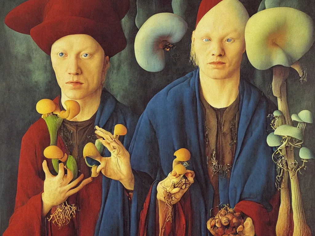 Prompt: Portrait of albino mystic with blue eyes, with beautiful exotic mushroom. Painting by Jan van Eyck, Audubon, Rene Magritte, Agnes Pelton, Max Ernst, Walton Ford