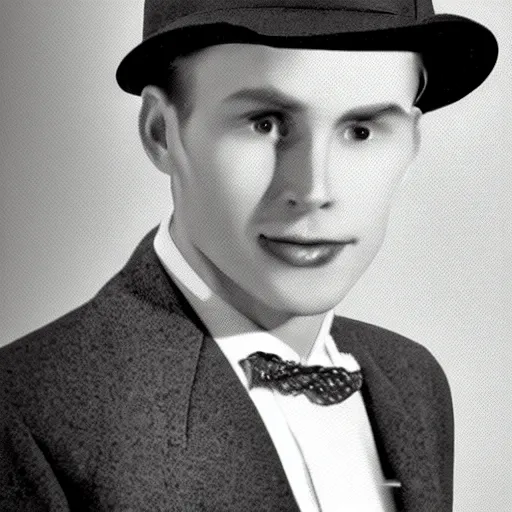 Image similar to A photograph portrait of Jerma985 wearing a suit with and fedora in the 1950s, taken in the early 1950s, grainy, taken on a 1950s Kodak Camera, realistic, hyperrealistic, very realistic, highly detailed, very detailed, extremely detailed, detailed, digital art, trending on artstation