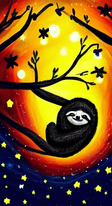 Image similar to beautiful very dark night with many stars and clouds, a cute sloth on a tree!! with string lights, everything!! made of thick flowing dramatic paint brush strokes, stylish abstract impressionism, matte colors, trending on artstation