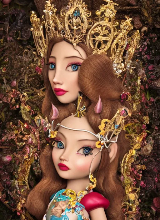 Prompt: closeup face profile portrait of tin toy amber heard as a fairytale princess wearing a crown eating cakes, bikini, depth of field, zeiss lens, detailed, symmetrical, centered, fashion photoshoot, by nicoletta ceccoli, mark ryden, lostfish, breathtaking, 8 k resolution, extremely detailed, beautiful, establishing shot, artistic, hyperrealistic, octane render