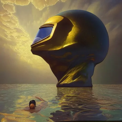 Image similar to peter tarka, golden hour, minimalistic, hyperrealistic surrealism, award winning masterpiece with incredible details, epic stunning, astronaut sinking falling underwater infinity pool, a surreal vaporwave liminal space, highly detailed, trending on ArtStation, artgerm and greg rutkowski and alphonse mucha, daily deviation, IAMAG, broken giant marble head statue ruins, illuminated