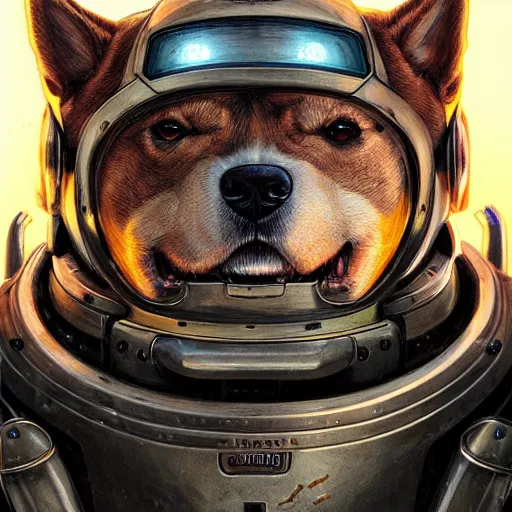 Prompt: the doomslayer as anthropomorphic smiling shiba inu a realistic scifi cyberpunk power armor robot, closeup portrait art by donato giancola and greg rutkowski, vintage retro scifi, realistic face, digital art, trending on artstation, symmetry