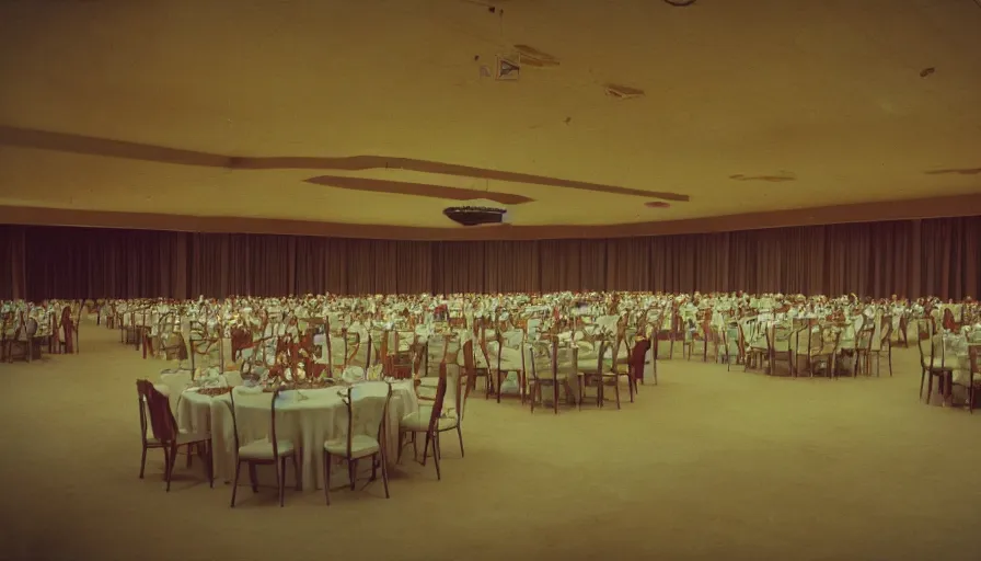 Prompt: 70s movie still of a wide ballroom and a high ceiling, cinestill 800t Technicolor, heavy grain, high quality, criterion collection, liminal space style