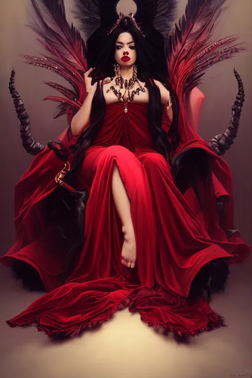Image similar to highly detailed oil painting, red ombre velvet gown, beautiful elegant demon queen, dark deep black skin, beautiful face by leyendecker, black feathers, long hair, dozens of jeweled necklaces, by greg rutkowski, brom, anato finnstark, alphonse mucha, cinematic lighting,