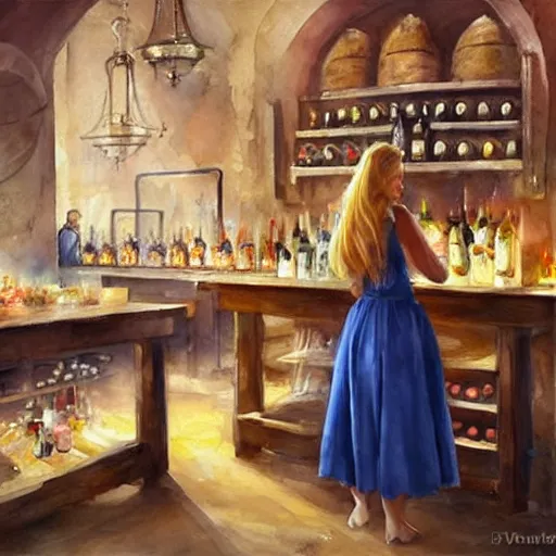 Prompt: hot blonde working in a wine cellar, food, pork, beer, schnapps, rustic, traditional, torches on the wall, watercolor by vladimir volegov