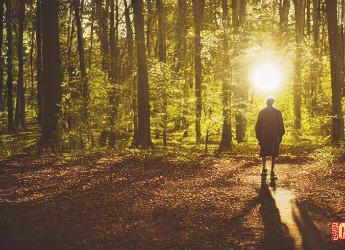 Image similar to a 3 5 mm photo from the back of a senior citizen walking in the woods, splash art, movie still, bokeh, canon 5 0 mm, cinematic lighting, dramatic, film, photography, golden hour, depth of field, award - winning, anamorphic lens flare, 8 k, hyper detailed, 3 5 mm film grain