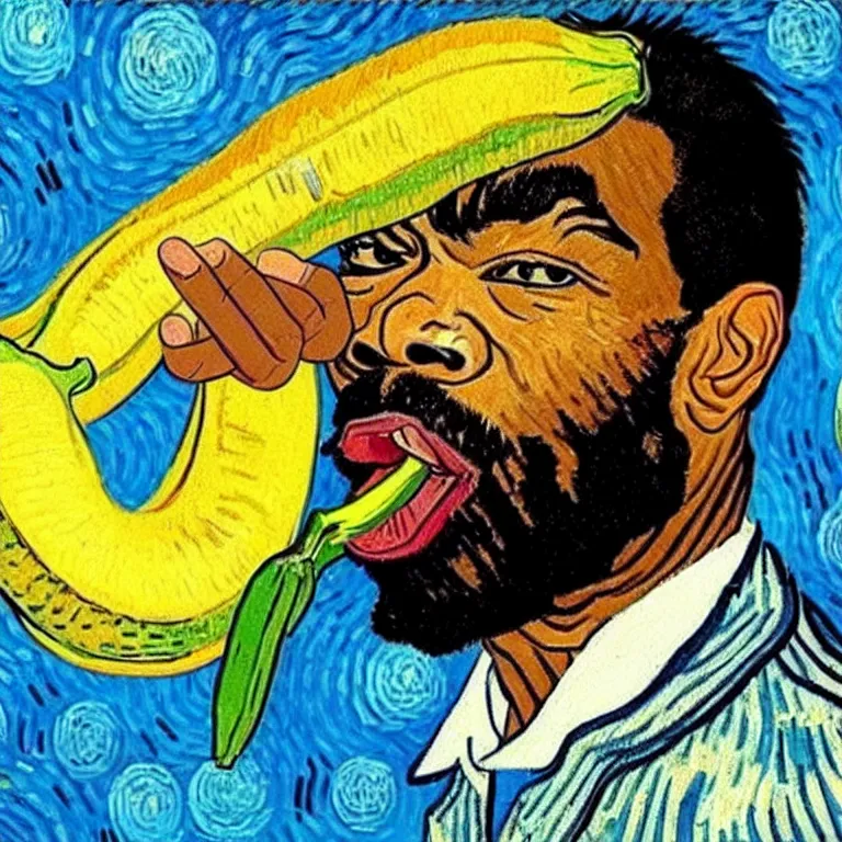 Prompt: method man licking a banana in the style of van gogh