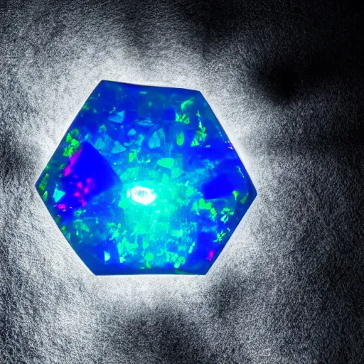 Image similar to An opal gem shaped like a hexagon on a rock in a cave, studio lighting, dramatic photo, artificial fog