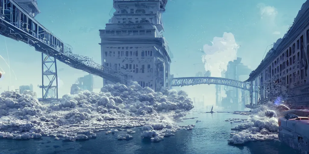 Prompt: explosions in the form of realistic white cotton plants on harbour bridge, huge white cotton everywhere on the destroyed harbour bridge, smooth, sharp focus, highly detailed, 3 d octane render, epic lighting, lots of white cotton, 8 k, by by petros afshar, tom whalen, laurie greasley