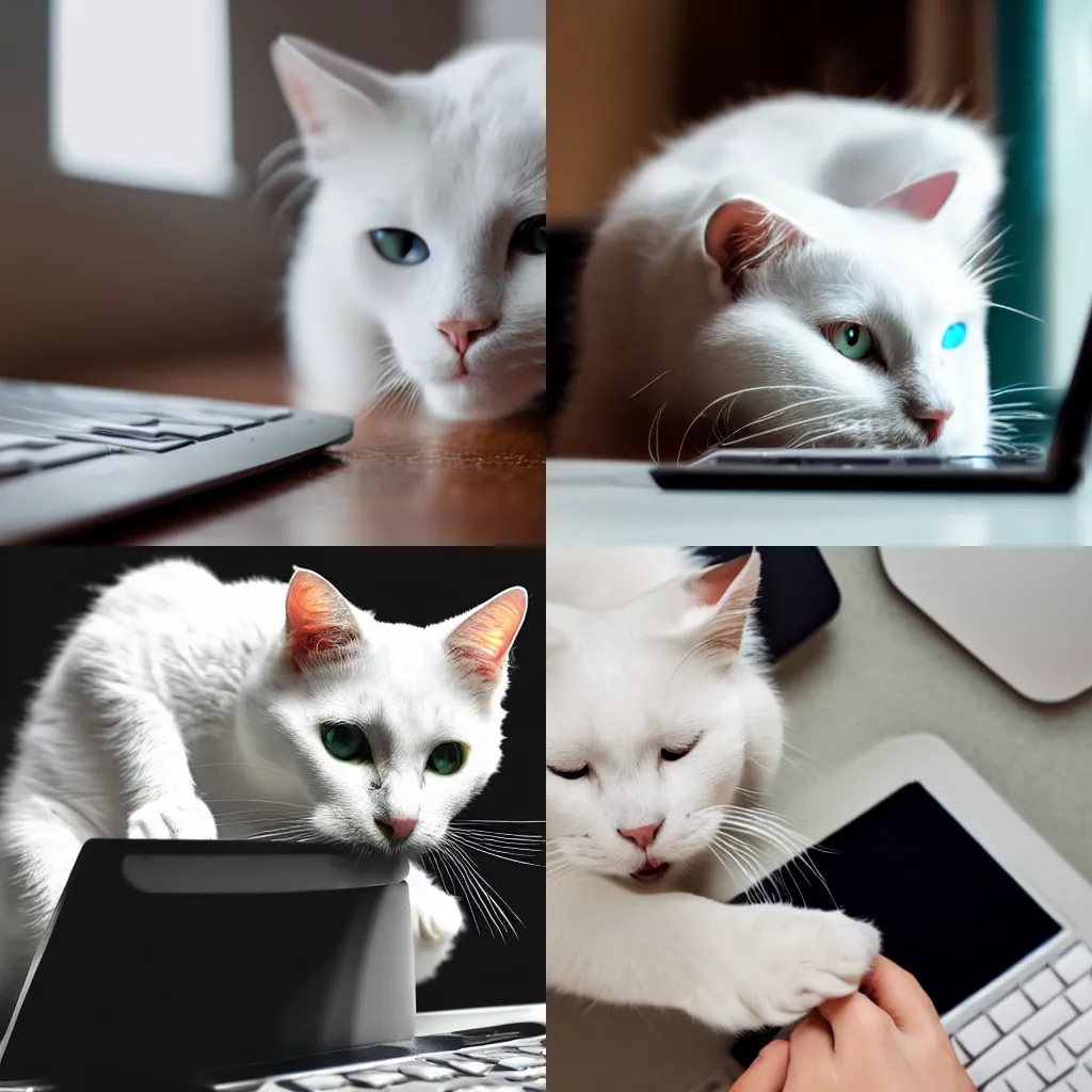 Prompt: a photograph of a cute white cat eating a computer mouse, 8 k, window shine, dramatic