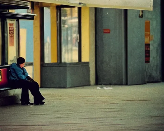 Prompt: a lomographic photo of russian lone man sitting in bus station at early evening in small town, cinestill, bokeh